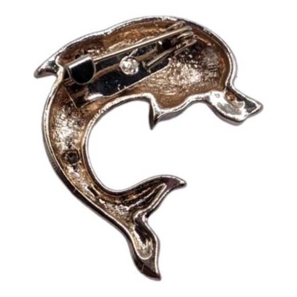 Leaping Jumping Dolphin Gold Toned Rhinestone Fashion Costume Brooch Lapel Pin - Picture 7 of 7